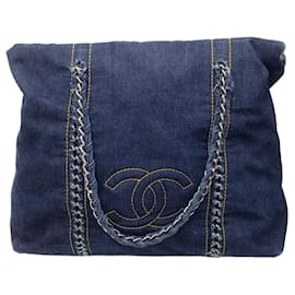 Autre Marque-Chanel Dark Blue / Silver Chain Detail CC Logo Denim Tote Handbag-Blue
