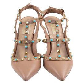 Valentino Beige Rolling Rockstud Ankle Strap Pumps Beige