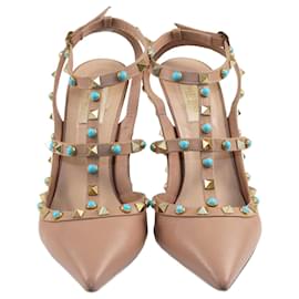 Valentino-Valentino Beige Rolling Rockstud Ankle Strap Pumps-Beige