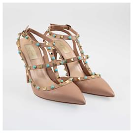 Valentino-Valentino Beige Rolling Rockstud Ankle Strap Pumps-Beige