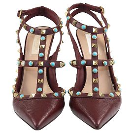 Valentino Burgundy Rolling Rockstud Ankle Strap Pumps Dark red