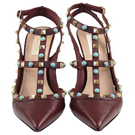 Valentino-Valentino Burgundy Rolling Rockstud Ankle Strap Pumps-Dark red