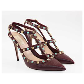 Valentino-Valentino Burgundy Rolling Rockstud Ankle Strap Pumps-Dark red