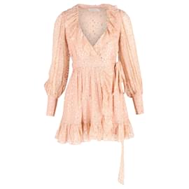 Zimmermann-Zimmermann Ruffled Mini Wrap Dress with Gold Polka Dots in Blush Silk-Pink,Peach