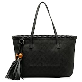 Gucci-Gucci Black GG Denim Bamboo Tassel Tote-Black