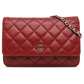 Chanel-Portefeuille Chanel en cuir d'agneau classique rouge sur chaîne-Rouge