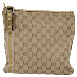 Gucci-GUCCI GG Canvas Sherry Line Shoulder Bag Gold Beige pink 144388 Auth 72295-Pink,Beige,Golden