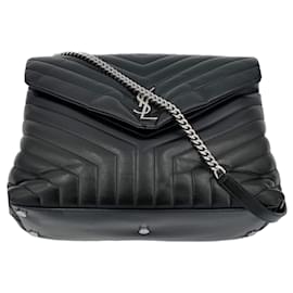 Saint Laurent-Loulou Large Chevron Quilted Leather 2-Ways Envelope Bag Black-Black