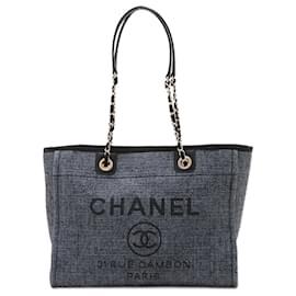 Chanel-Borsa tote Deauville piccola in rafia blu scuro-Blu navy