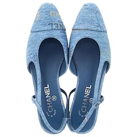 Chanel-Chanel Slingback Cap Toe Flats in Blue Denim-Blue