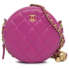 Chanel-Bolso de mano redondo con cadena y piel de cordero acolchada CC rosa de Chanel-Rosa