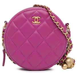 Chanel-Chanel Pink CC Quilted Lambskin Pearl Crush Round Clutch with Chain-Pink