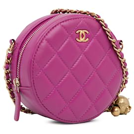 Chanel-Chanel Pink CC gesteppte runde Clutch aus Lammleder mit Perlen und Kette-Pink