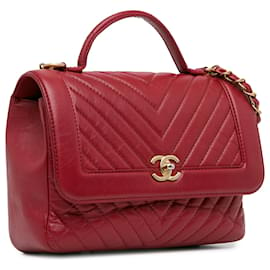 Chanel-Chanel Red CC Chevron Calfskin Top Handle Flap-Red