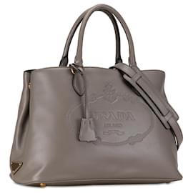 Prada-Prada Brown Glace Calf Logo Satchel-Brown,Taupe