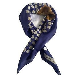 Lenço de seda Christian Dior Azul e Castanho com flores Azul Castanho claro