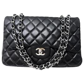 Chanel-CHANEL TIMELESS JUMBO SIMPLE FLAP HANDBAG IN BLACK LEATHER PURSE HAND BAG-Black