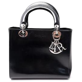Christian Dior-VINTAGE CHRISTIAN DIOR LADY MEDIUM HANDBAG IN GLAZED CALF LEATHER HAND BAG-Black