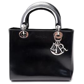 Christian Dior-BOLSO DE MANO MEDIANO CHRISTIAN DIOR LADY VINTAGE DE PIEL DE BECERRO ESMALTADA BOLSO DE MANO-Negro