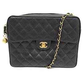 Chanel-NEUF VINTAGE SAC A MAIN CHANEL CAMERA LOGO CC CUIR CAVIAR BANDOULIERE BAG-Noir