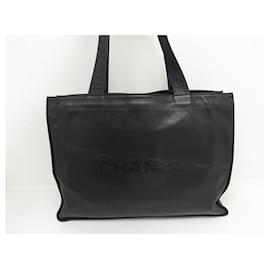 Chanel-VINTAGE SAC A MAIN CHANEL CABAS SHOPPING LOGO CC CUIR LEATHER HAND BAG-Noir