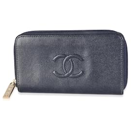 Chanel-Carteira Chanel Navy Caviar CC Zip Around-Azul