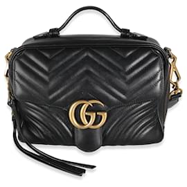 Gucci-Gucci Black Calfskin Matelasse Sylvie Web Small GG Marmont Top Handle Bag-Black