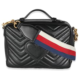 Gucci-Gucci Black Calfskin Matelasse Sylvie Web Small GG Marmont Top Handle Bag-Black