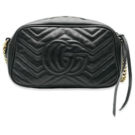 Gucci-Gucci Black Calfskin Matelasse Small GG Marmont Shoulder Bag-Black