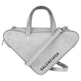Balenciaga-Balenciaga Silver Glitter Traingle Duffle Shoulder Bag-Silvery