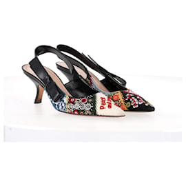Christian Dior-Dior Sweet D Sling-Back Pumps in Multicolor Embroidered Fabric-Other