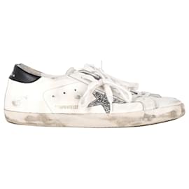 Golden Goose-Golden Goose Superstar Distressed Glittered Sneakers in White Leather -White