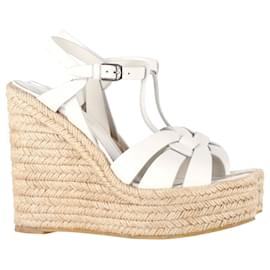 Saint Laurent-Saint Laurent Tribute Wedges in White Leather-White,Cream