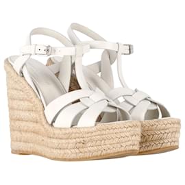 Saint Laurent-Saint Laurent Tribute Wedges in White Leather-White,Cream