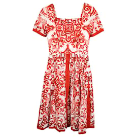 Dolce & Gabbana-Dolce & Gabbana Majolica Printed Pleated Midi Dress in Red Cotton -Red,Dark red
