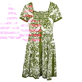 Dolce & Gabbana-Dolce & Gabbana Majolica Printed Pleated Midi Dress in Red Cotton -Red,Dark red