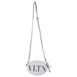 Valentino Garavani-Sac Bandoulière Valentino Oval Logo en Cuir Blanc-Blanc,Écru