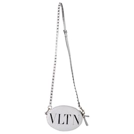 Valentino Garavani-Valentino Oval Logo Crossbody Bag in White Leather-White,Cream