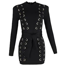 Balmain-Balmain Stretch Knit Lace Up Detail Bodycon Dress in Black Viscose-Black