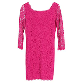 Diane Von Furstenberg-Diane Von Furstenberg Zarita Long Sleeve Lace Dress in Pink Rayon-Pink