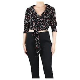Ganni-Black floral-printed ruffle wrap top - size UK 10-Other