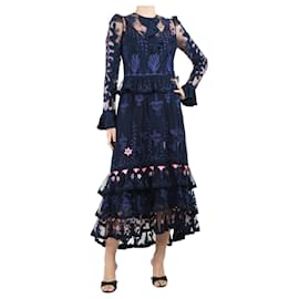 Alice by Temperley-Dark blue floral lace ruffled midi dress - size UK 12-Blue
