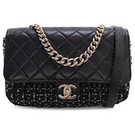 Chanel-Chanel Black CC Quilted Lambskin and Tweed Single Flap-Black