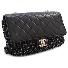 Chanel-Chanel Black CC Quilted Lambskin and Tweed Single Flap-Black