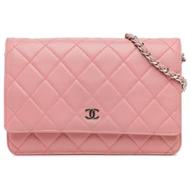 Chanel-Portefeuille en cuir d'agneau matelassé CC rose Chanel sur chaîne-Rose