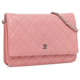 Chanel-Portefeuille en cuir d'agneau matelassé CC rose Chanel sur chaîne-Rose