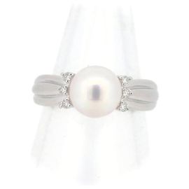 & Other Stories Gebrauchter PT900-Platin-Diamant-Perlenring Größe 11 in gutem Zustand Silber