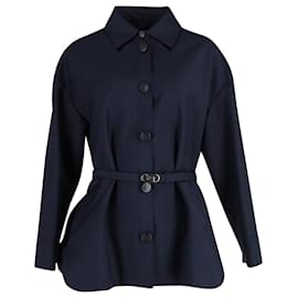 Fendi-Fendi – Gewebte Oversize-Jacke mit FF-Gürtel aus marineblauer Wolle-Blau,Marineblau