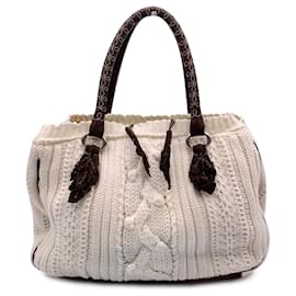 Ermanno Scervino-White Brown Wool Knit Tote Shoulder Bag-White