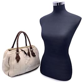 Ermanno Scervino-White Brown Wool Knit Tote Shoulder Bag-White